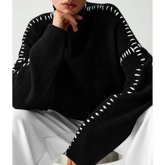 Prettygarden Women's Black Fall Long Sleeve Mock Neck Oversized Chunky Sweaters - Picture 7 of 7